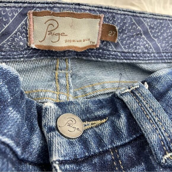 Paige Pico Dark Wash Button Flap Distressed Bootcut Jeans - Picture 5 of 7